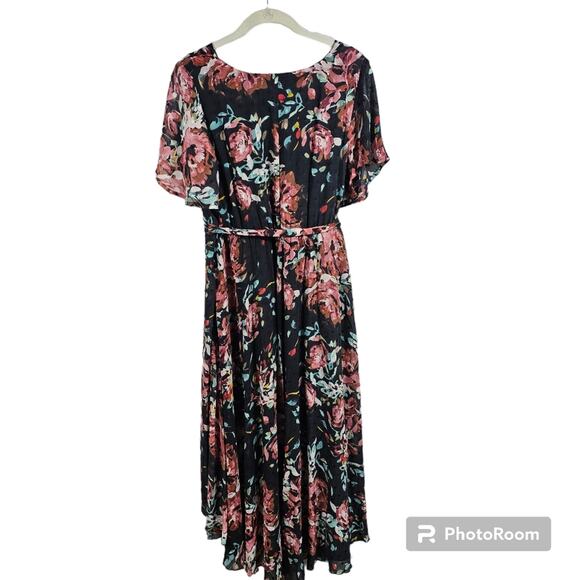 Torrid Faux Wrap Hi-Low Midi Dress Swiss Dot Floral Dark Gray and Pink L/12/0 - Picture 5 of 13